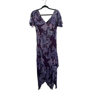 VTG 90s Y2K EVA BLU Purple Paisley Beaded Flutter Sleeve Midi Dress 12 Fairy